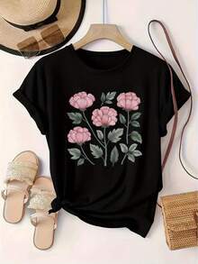 Women's T-Shirt With Floral Print, European And American Casual Style, Plus Size Women's Short Sleeve Round Neck T-Shirt, Sports Sweater. - 黑色 - 查看 1