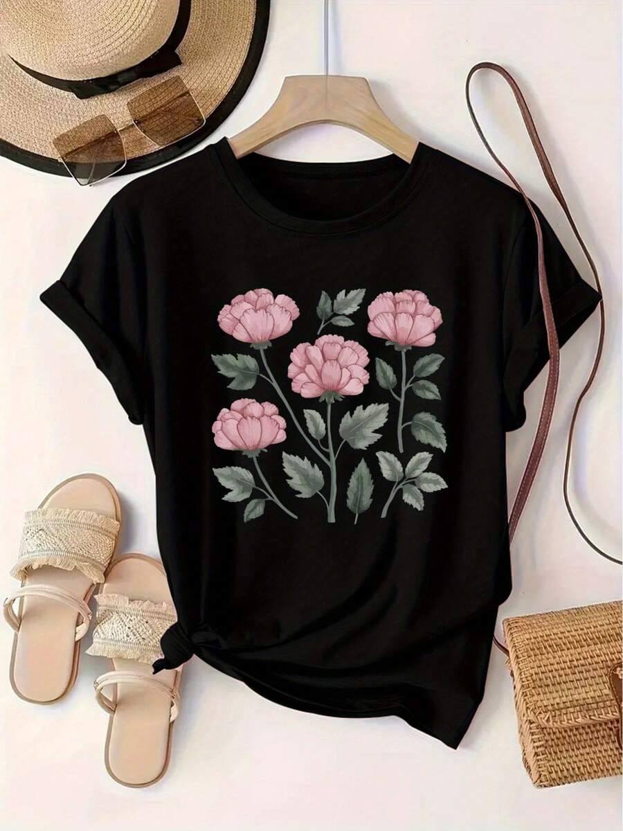 Women's T-Shirt With Floral Print, European And American Casual Style, Plus Size Women's Short Sleeve Round Neck T-Shirt, Sports Sweater. - 黑色 - 查看 1