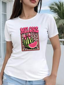 Women's T-Shirt, Regular Style Short Sleeve - 2D Geometric Design With Watermelon Print And Pink Bow On Leopard Print Background, Casual Short Sleeve Top With Round Neck Suitable For All Seasons, Available In Various Colors And Sizes, Holiday Fashion, Retro Aesthetic, Breathable Material, Fun Print. - 白色 - 查看 1