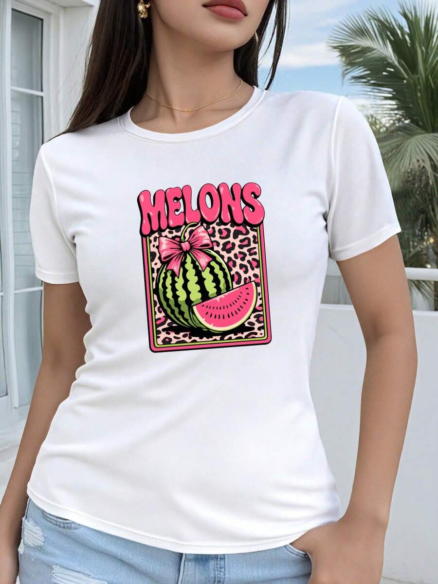 Women's T-Shirt, Regular Style Short Sleeve - 2D Geometric Design With Watermelon Print And Pink Bow On Leopard Print Background, Casual Short Sleeve Top With Round Neck Suitable For All Seasons, Available In Various Colors And Sizes, Holiday Fashion, Retro Aesthetic, Breathable Material, Fun Print. - 白色 - 查看 1