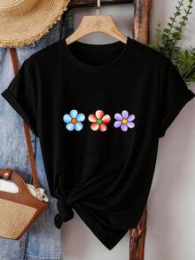 Vintage, Retro, Y2K - Women's Pure Cotton T-Shirt, Stylish Colorful Floral Design Tee, Suitable For Daily Wear, Stretch Fabric, Fashionable Women's Top, Lightweight Summer Top - Maternity, Summer, Winter - 黑色 - 查看 6