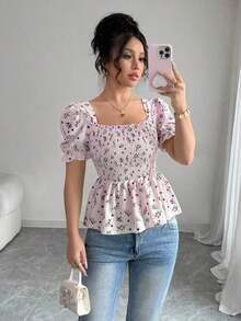 Blusa elegante de mujer con estampado floral diminuto y ajuste ceñido - Rosa - Ver 8