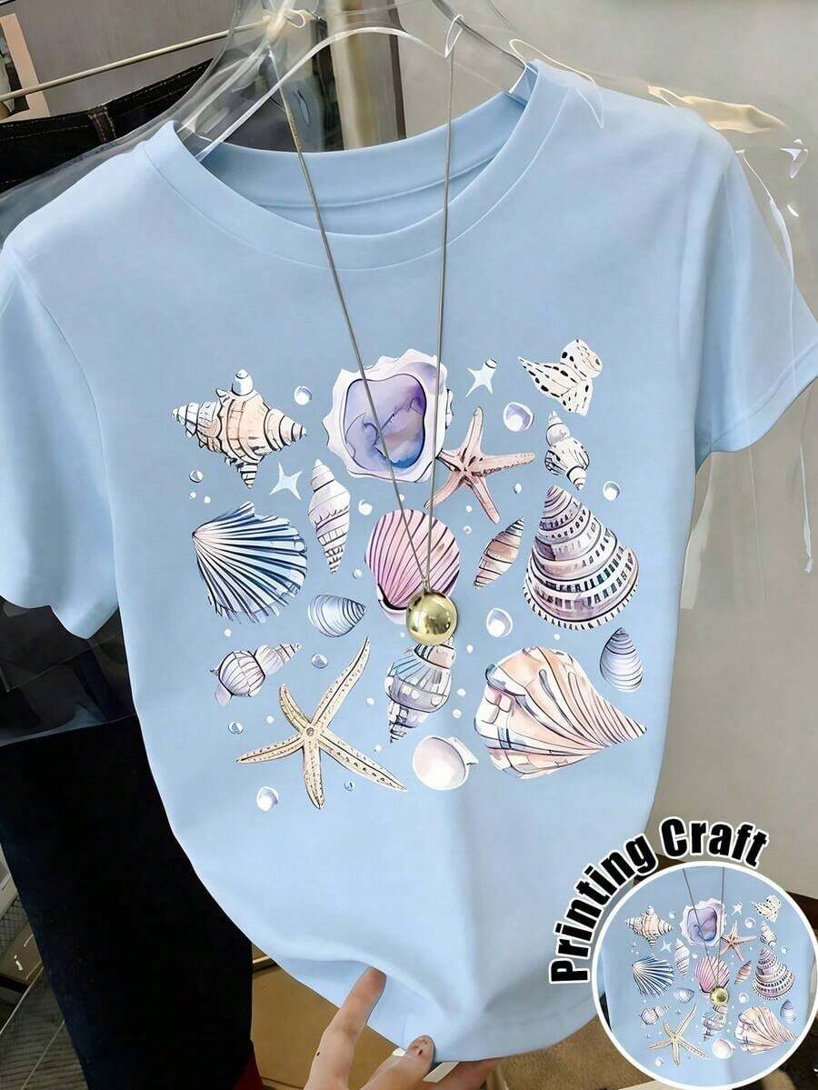 Camiseta de mujer de manga corta con cuello redondo, estampado floral y de uso versátil - Celeste - Ver 1