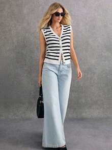 Cárdigan sin mangas casual de invierno para mujer con estampado de rayas, un esencial de estilo chic effortless - Blanco y Negro - Ver 3