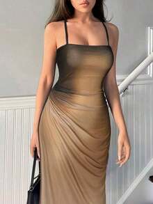 Vestido de tirantes de malla degradado elegante para mujer, de verano - Caqui - Ver 5