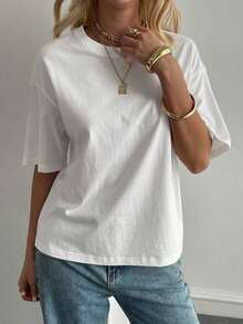 Blusa básica de manga corta, cuello redondo, corte holgado, para mujer, otoño/invierno - Blanco 2 - Ver 3