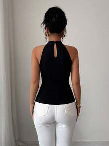 Blusa de mujer elegante de moda nueva para el verano con decoración de encaje bordado, cuello en V, bajo irregular sin mangas, silueta ajustada, adecuada para vacaciones, citas, actividades diarias, fiestas - Negro - Ver 2
