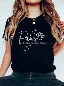 Paws And Enjoy The Little Things, Positive Dog Mom Print T-Shirt, Women's Short Sleeve Crew Neck T-Shirt, Fashion Graphic Tees, Women's Top - 黑色 - 查看 1