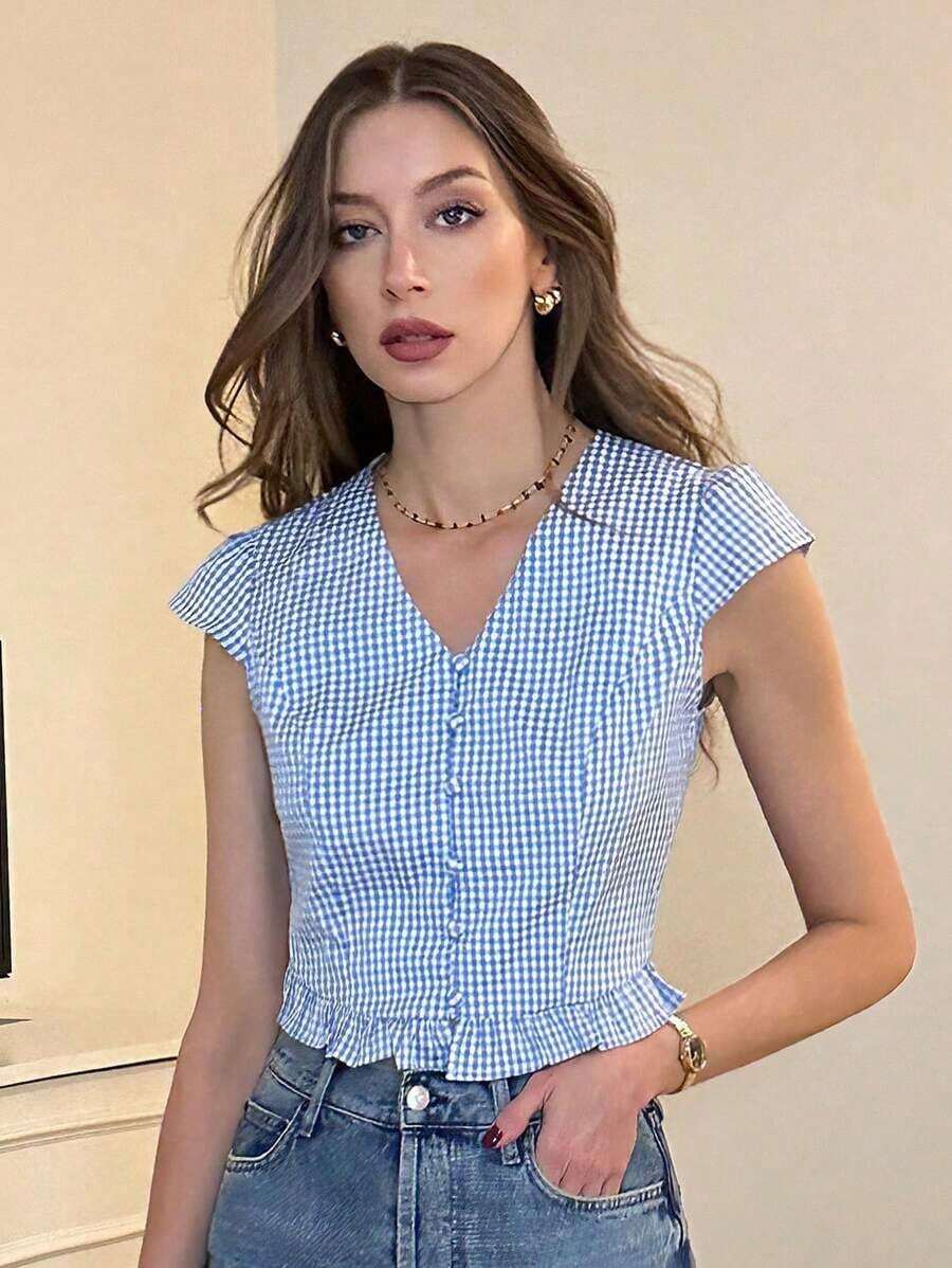 Blusa de mujer con cuello en V, botones y ribete de volantes con estampado francés - Azul - Ver 1
