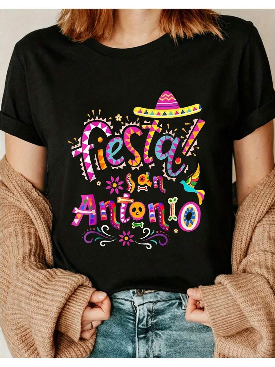 Colorful Women's T-Shirt With A Mexican Fiesta Design Featuring Festive Text And Traditional Motifs For The Holiday Season. A Great Gift For Friends And Family. 01 Round Neck, Short Sleeve Top. Suitable For All Seasons. Casual And Versatile. - 黑色 - 查看 1
