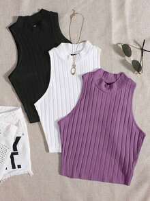 Top de tanque casual sólido de cuello redondo acanalado para el verano - Multicolor 6 - Ver 5