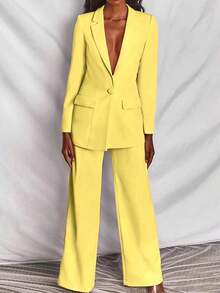Conjunto de blazer y pantalones de unicolor y manga larga minimalista para mujer - Amarillo - Ver 2