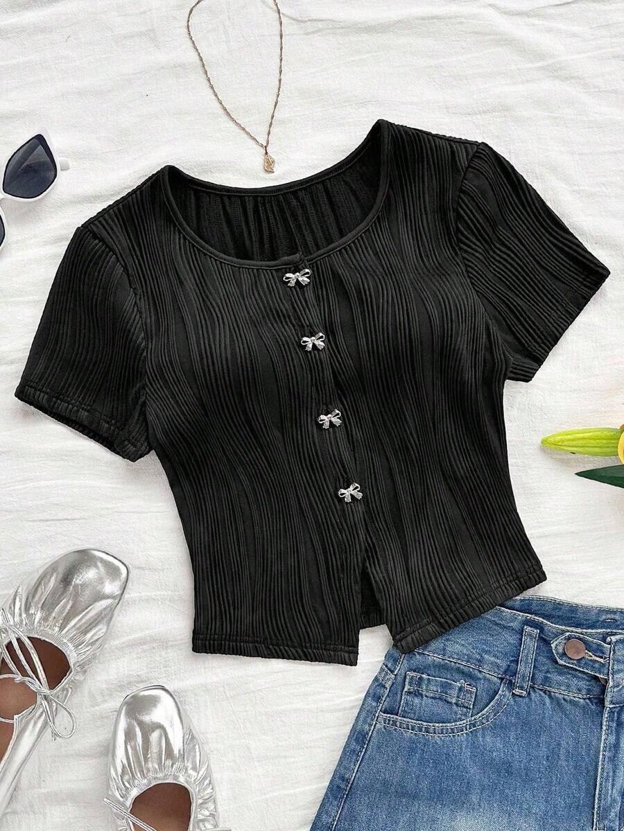Blusa casual de verano para mujeres, top blanco de manga corta con cuello redondo y estampado floral, para vacaciones de verano - Negro 2 - Ver 1