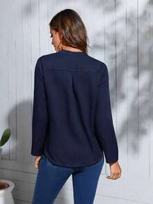 Clasi Blusa con cuello con muesca y mangas enrollables, blusas de manga larga - Azul marino - Ver 2