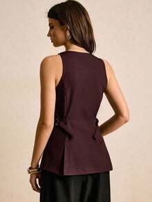 Camiseta sin mangas ajustada de mujer con cuello en V y botones delanteros de unicolor - Café integral - Ver 7