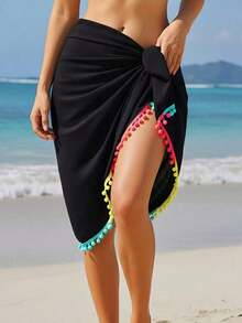 Falda mini tipo pareo con pompones y flecos, de estilo bohemio, para vacaciones en la playa - Negro - Ver 3