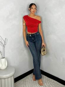 Blusa de verano con hombros asimétricos fruncidos en unicolor para mujer - Rojo - Ver 3