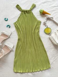 Vestido mini acanalado, de unicolor, ajustado, de cuello halter - Verde - Ver 1