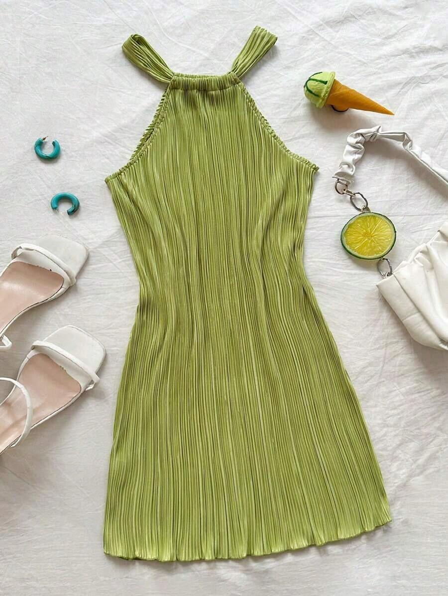 Vestido mini acanalado, de unicolor, ajustado, de cuello halter - Verde - Ver 1