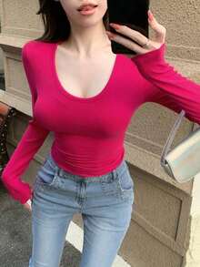 Camiseta de mujer de ajuste ceñido con cuello en U, ropa de otoño con mangas largas para mujer - Rosa Fucsia - Ver 1