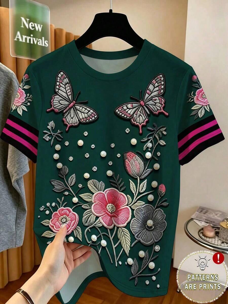 Camiseta de moda de manga corta con cuello redondo, estampado floral minimalista y casual, talla grande - Multicolor - Ver 1