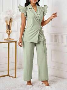 Conjunto de traje de mujer con blazer de manga con volantes rosa y pantalones elásticos de cintura alta para otoño/invierno - verde menta - Ver 5