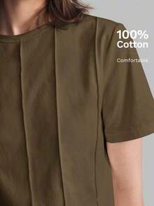 2026 Primavera/Verano Camiseta casual de mujer de manga corta con diseño de rayas de unicolor y cuello redondo, adecuada para el estilo casual urbano, la moda minimalista, el transporte urbano, la sencillez elegante, el Día del Maestro, la tela de p - Marrón - Ver 3
