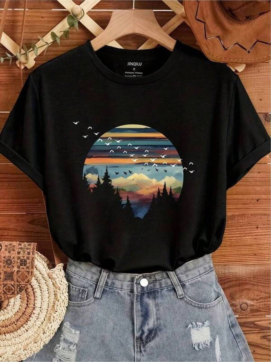 1 Piece Unisex Loose Fit T-Shirt 180g 100% Pure Cotton, Unique T-Shirt With Sunset Design Inspired By Nature And Birds Flying Perfect For A Modern And Fresh Y2k Look Ideal For Fashion And Art Lovers In Mexico. - 黑色 - 查看 1