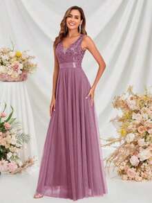 Vestido de dama de honor formal de línea A con escote en V sin mangas, bordado y de malla, vestido de fiesta elegante, vestido de invitado de boda formal, vestido de ceremonia de graduación, vestido de noche de primavera - Rosa vieja - Ver 11