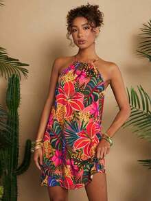 Vestido corto holgado con hombros al descubierto y estampado tejido para mujeres para vacaciones - Multicolor 4 - Ver 7
