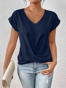 Frenchy Blusa Solida Con Mangas De Plumaje Y Tuerza En La Manga, Ideal Para La Primavera - azul real - Ver 7