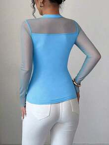 Blusa de manga larga elegante de unicolor con empalme transparente y ajuste elástico para mujer, otoño/invierno - Celeste - Ver 2