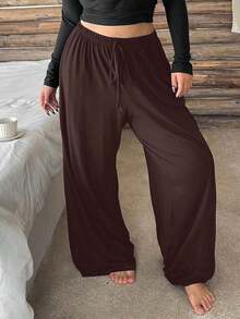 Plus Size Women's Straight Leg Pajama Pants With Elastic Waist And Drawstring, Solid Color Lounge Pants For Autumn And Winter - màu nâu - Xem 11