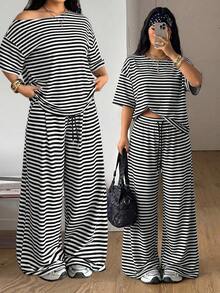 Conjunto de dos piezas de camiseta hombros descubiertos y pantalón ancho de chándal para mujer talla grande, minimalista, ropa de calle, uso diario, salir, deporte, cómodo - Blanco y Negro - Ver 12