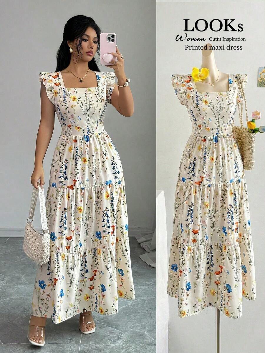 Women's Dress With A Square Neckline, Fitted Waist, And Flared Sleeves In A Multicolored Print. Elegant And Sophisticated, Suitable For Valentine's Day, Easter, Labor Day, Birthdays, Dates, Parties, Formal Occasions, Teacher Outfits, High-Vibe Looks, Travel And Vacations, Streetwear, Spring And Summer. - 灰色 - 查看 1