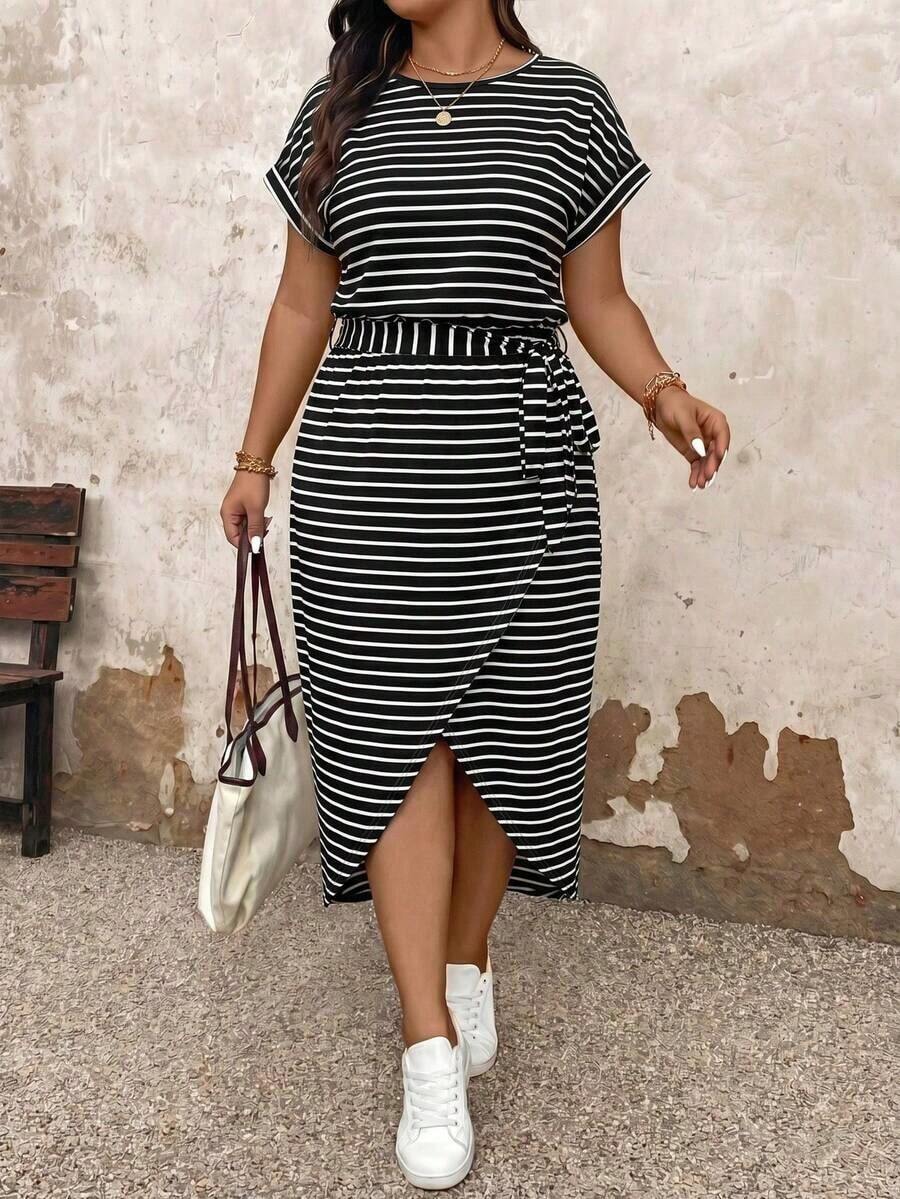 Vestido casual de talla grande para mujer con cuello redondo, manga corta tipo murciélago y bajo asimétrico.Vestido largo de verano para mujer - Multicolor 2 - Ver 1