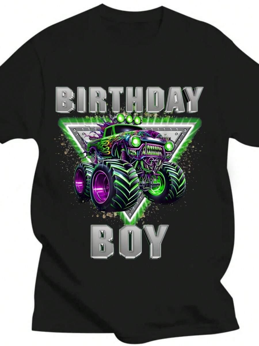 Versatile And Universally Flattering, It Creates An Exquisite Atmosphere. The Birthday Monster Truck Are My Jam Bday Party Boys T-Shirt Looks Amazing When Worn! ! - Black - View 1