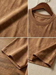 Camiseta de manga corta con estampado de letra suelta y efecto ombré rosa de estilo dulce y picante, camiseta casual de estética coreana para el verano - Marrón - Ver 4
