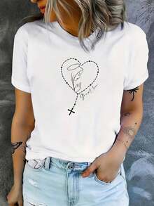 100% algodón, camiseta de manga corta con cuello redondo y estampado de corazón cruzado, ideal para primavera y verano, adecuada para correr y practicar deportes, moderna y elegante, individual e interesante. - Blanco - Ver 7