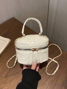 Bolso mini cuadrado con cadena de rombos negra, bolso versátil de maquillaje cruzado, bolso de mano para ir al trabajo con dije de corazón - Blanco - Ver 3