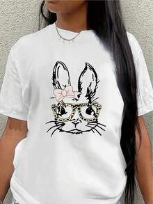 This Lightweight And Durable Short-Sleeved T-Shirt, Designed With A Rabbit Face Print, Is Perfect For Relaxing At Home, In Cafes, Or For Outdoor Activities, Offering A Comfortable Everyday Wear Experience. - 白色 - 查看 1