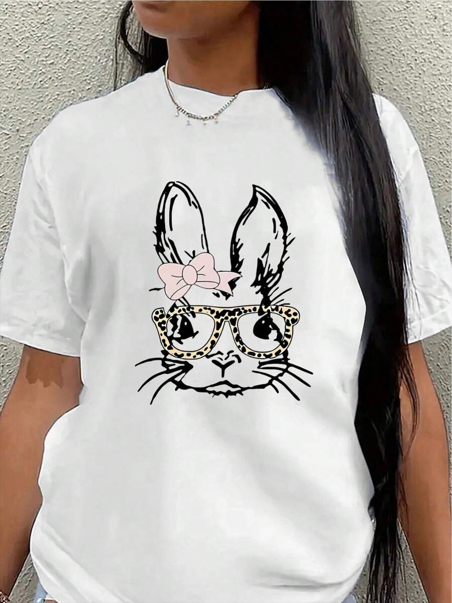 This Lightweight And Durable Short-Sleeved T-Shirt, Designed With A Rabbit Face Print, Is Perfect For Relaxing At Home, In Cafes, Or For Outdoor Activities, Offering A Comfortable Everyday Wear Experience. - 白色 - 查看 1