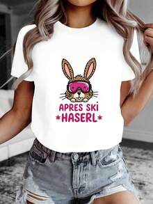 Women's Spring/Summer Short-Sleeved T-Shirt With Round Neck, Rabbit And Leopard Print, And Ski Goggle Print For Post-Ski Party. - 白色 - 查看 1