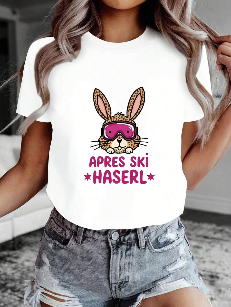 Women's Spring/Summer Short-Sleeved T-Shirt With Round Neck, Rabbit And Leopard Print, And Ski Goggle Print For Post-Ski Party. - 白色 - 查看 1