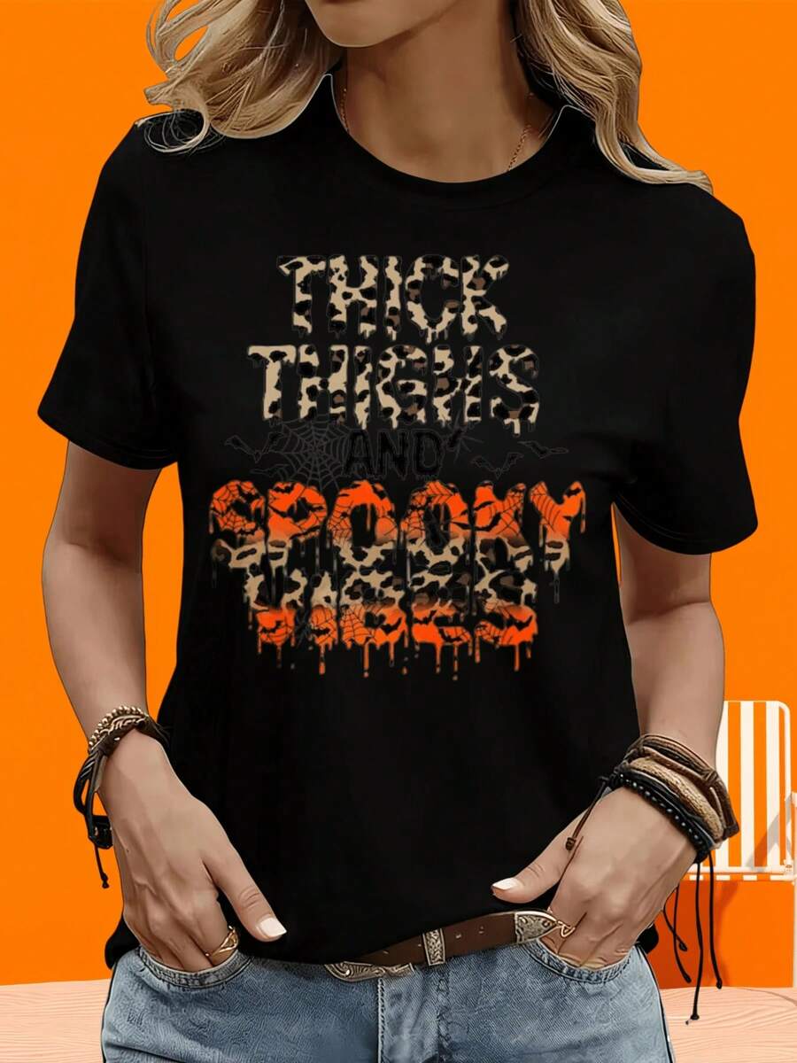 Camiseta de manga corta para mujer, para ocio al aire libre y en casa, con estampado de leopardo de Halloween, estilo divertido y temático de terror, ideal como regalo para fiestas y vacaciones. - Negro - Ver 1