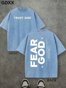 Jesus Tee God Has A Plan Graphic Tee Double-Sided Print Washed T-Shirt Holiday Gifts Y2K Men's Graphic Tees, 230G Cotton T - Shirts,100% Pure Cotton - 天藍色3 - 查看 1