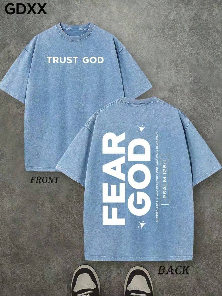 Jesus Tee God Has A Plan Graphic Tee Double-Sided Print Washed T-Shirt Holiday Gifts Y2K Men's Graphic Tees, 230G Cotton T - Shirts,100% Pure Cotton - 天藍色3 - 查看 1