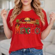 Women's Casual T-Shirt With Viva Mexico Graphic Print, Short Sleeve Cotton T-Shirt With Floral Hat And Cactus Print, Loose Fit, Summer Top For Mexican Fiesta, Fashion Clothing - 紅色 - 查看 8