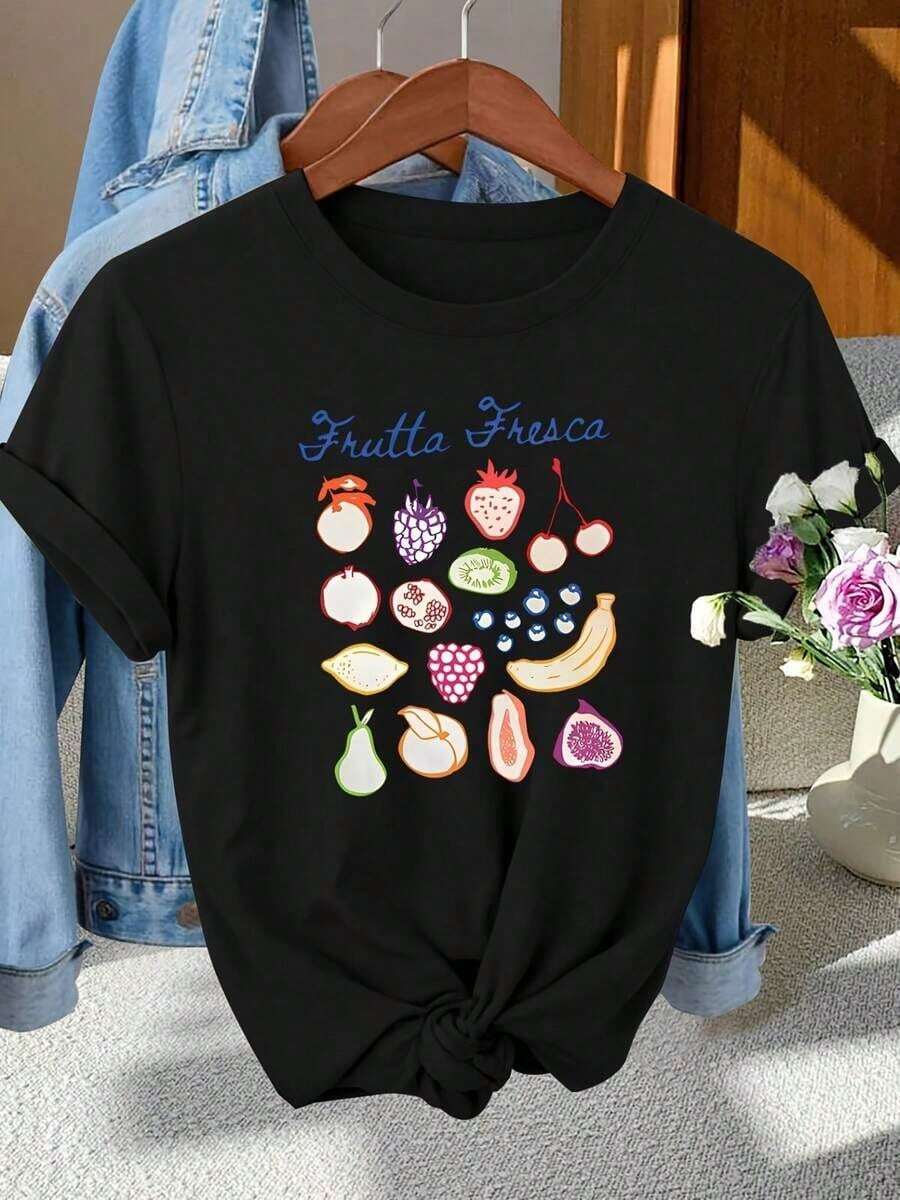 Camiseta Casual Elegante con Estampado de Frutas Frescas y Cuello Redondo | Elegante, versátil para ir al trabajo y a las vacaciones, estilo vintage, tallas S-XXL, adecuado para primavera/verano/otoño, 100% algodón, duradero. - Negro - Ver 1