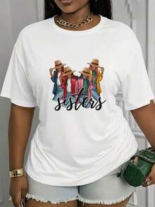 Regalo: 1 camiseta blanca con estampado de ilustración de grupo de hermanas para mujer, cuello redondo, camiseta casual de algodón, tejido de punto de elasticidad media, corte regular para damas, para primavera/verano/otoño, suave. - Blanco - Ver 1